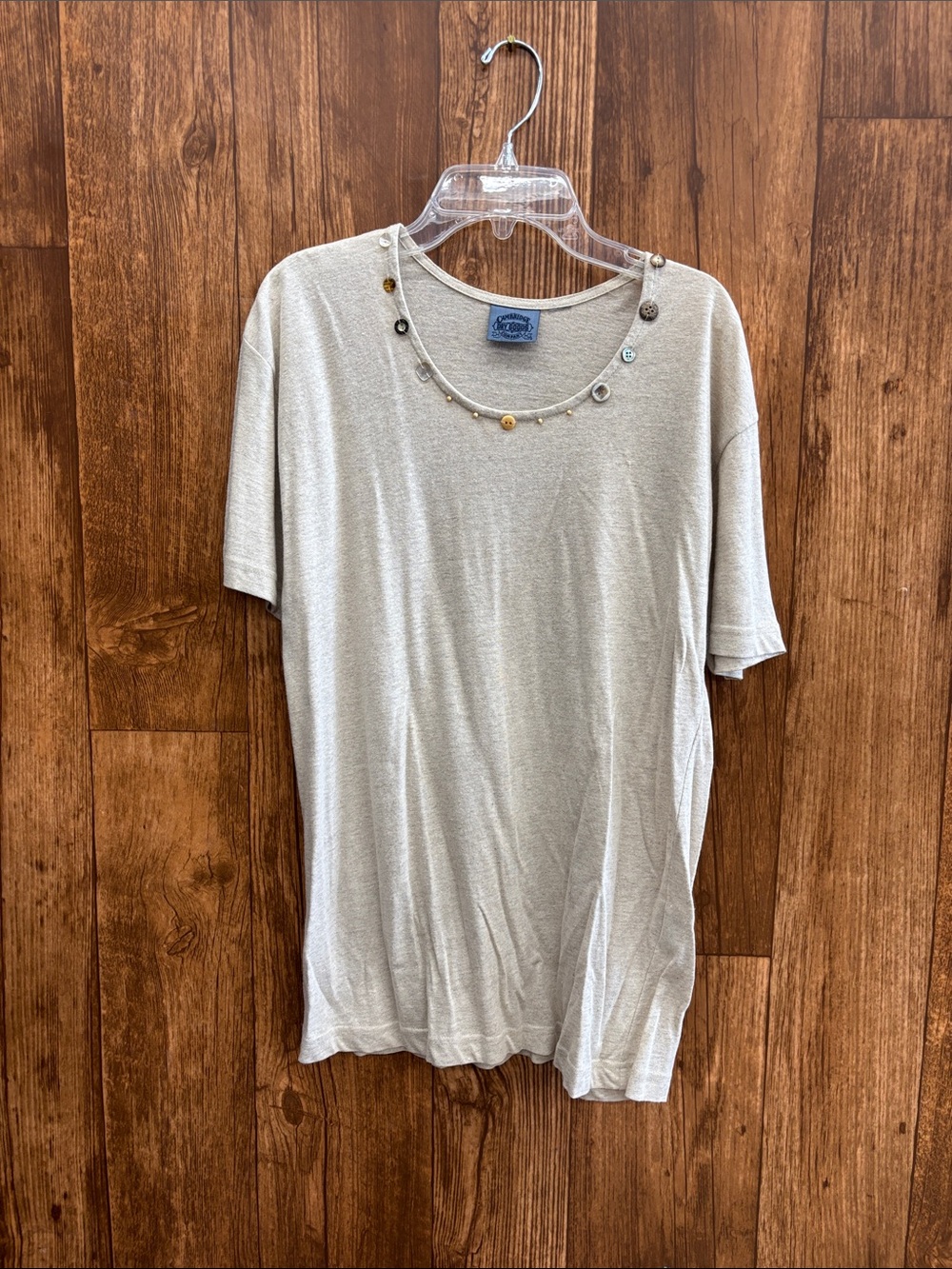 Cambridge Dry Goods Neutral Beaded Scoop Neck Tee